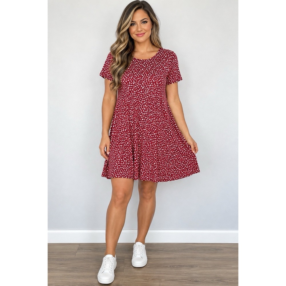 Old Navy Swing Dress Womens L Tall Red White Ditsy Floral Short Sleeve Mini